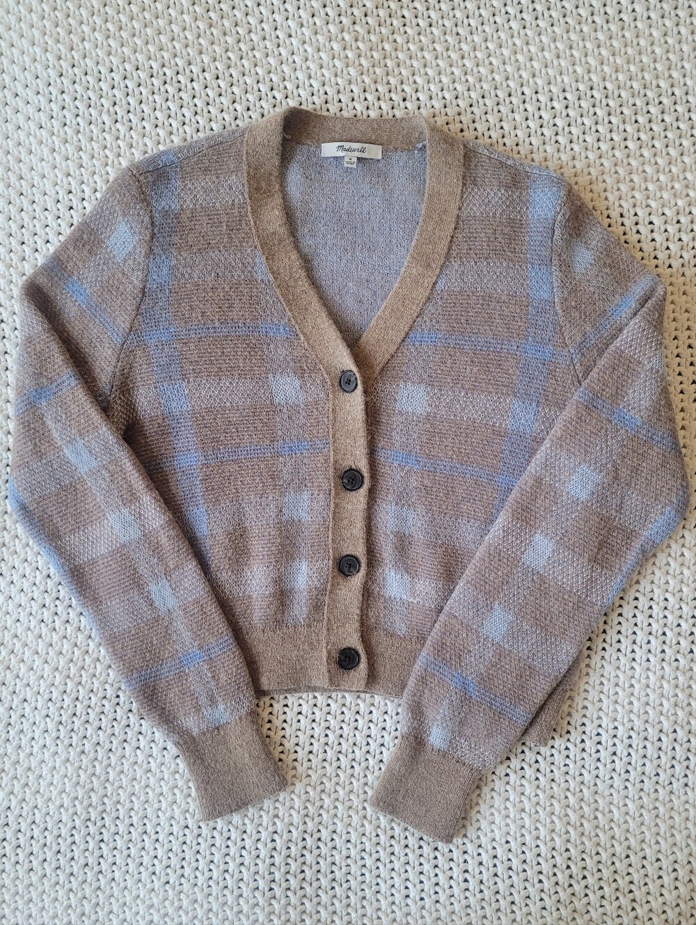 Madewell Alpaca-Blend V-Neck Cardigan In Warm Camel Plaid